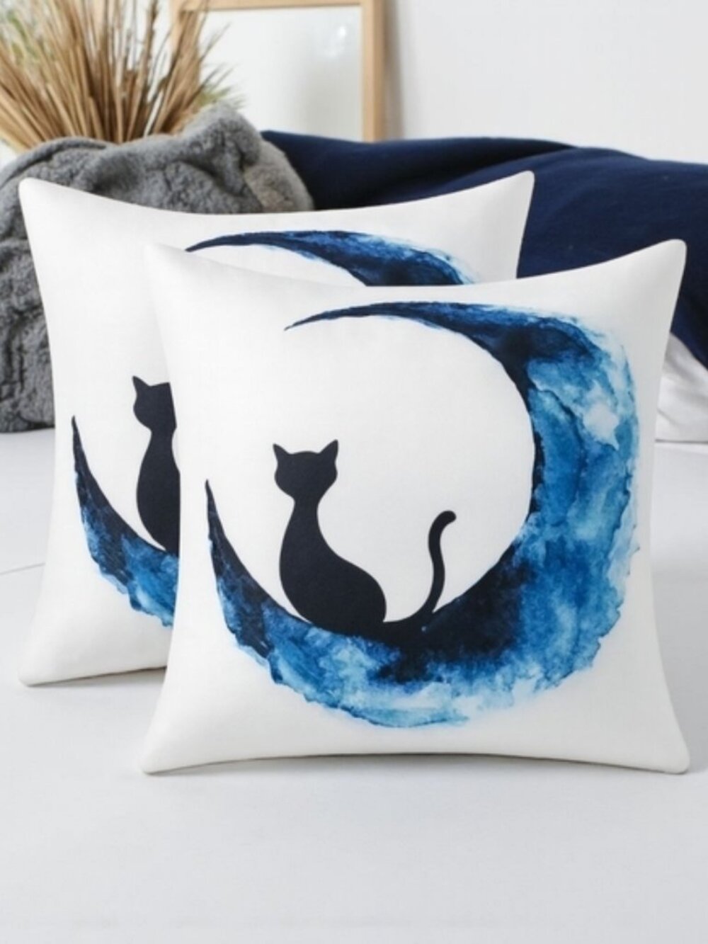 Set 2 Black Cat Blue Moon Watercolor Pillow Cushion Covers 18x18 Whimsigoth